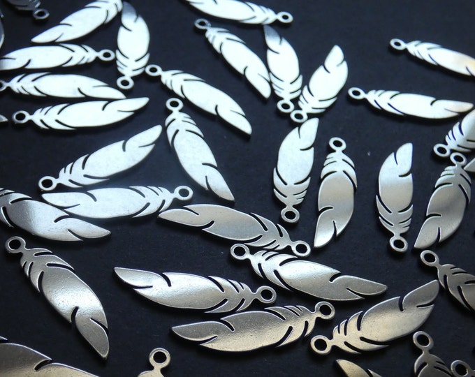 316 Stainless Steel Feather Charm, 24x6mm Metal Feather Pendant, Silver Color, Metal Necklace Charm, Jewelry Making, .5mm Hole, Silver Charm