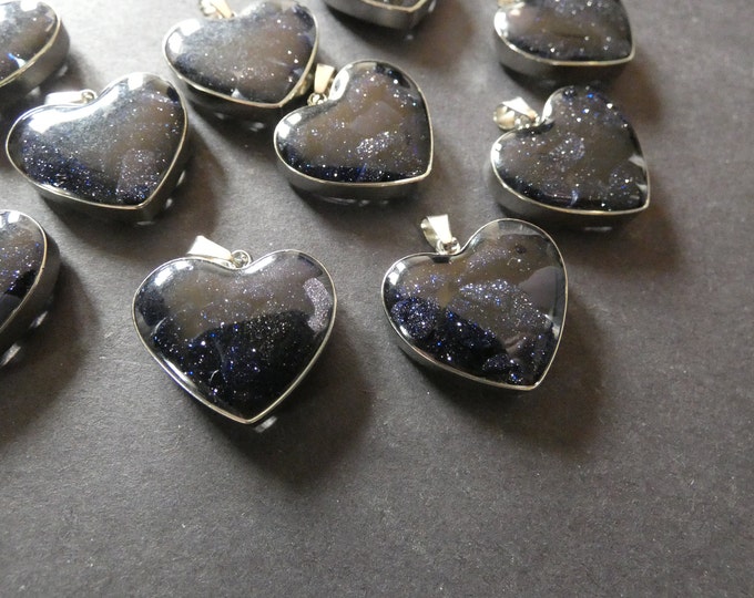 21mm Blue Goldstone & 304 Stainless Steel Pendant With Glass, Heart Drop, Polished, Stone Pendant, Glittery Blue and Silver, Fashion Charm