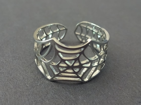 Adjustable Silver Spider Web Ring, Spider Ring, Resizable Ring, Stainless Steel, Halloween Jewelry, Black Widow Spider, Webbed Design