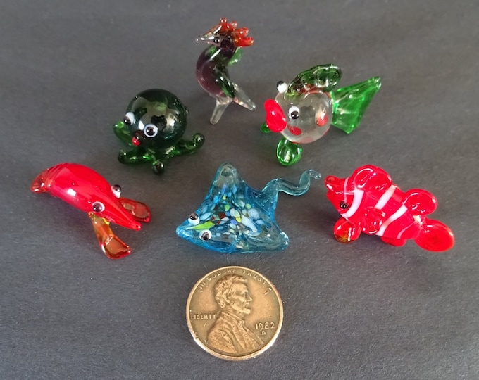 Mini Lampwork Glass Sea Animals, Small Decorative Glass Animals, Collect All 6, Cute Seahorse, Lobster, Octopus, Manta Ray & Fish Figurines