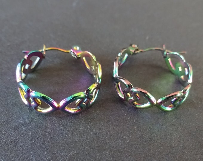 Stainless Steel Rainbow Heart Hoop Earrings, Hypoallergenic, Ion Plated, Rainbow Round Hoops, Set Of Earrings, 21.5mm, Heart Outline Earring