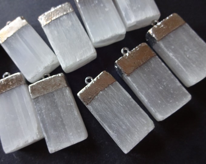 34-35mm Natural Selenite Charm With Metal Loop, Rectangle Shape, Polished Mineral, Gemstone Jewelry Pendant, White & Silver, Gypsum Crystal