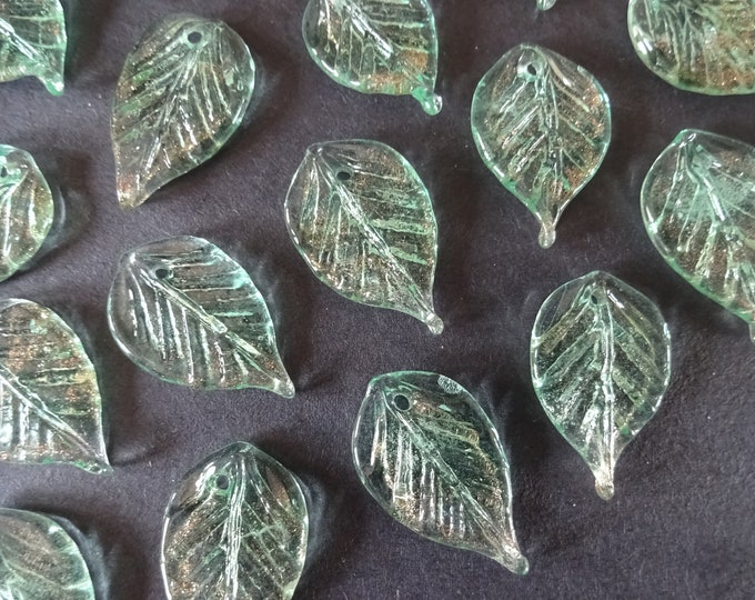 10 Pack 23x15mm Handmade Lampwork Glass Leaf Pendant, Aquamarine Color, Beautiful Glitter Leaf Charm, Glass Leaves, Spring, Leaf Pendant