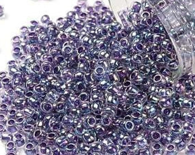 8/0 Toho Seed Beads, Dark Purple Lined Crystal Rainbow (774), 10 grams, About 220 Round Seed Beads, 3mm with 1mm Hole, Rainbow Finish