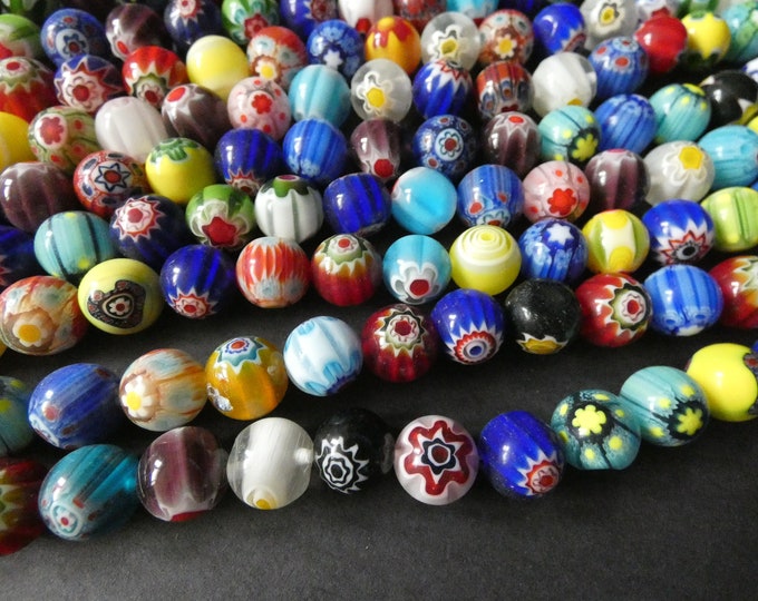 15 Inch 12mm Glass Millefiori Bead Strand, About 31 Glass Ball Beads, Mixed Lot, Multicolor Bead, Flower Bead, Star Bead, Large Ball Bead