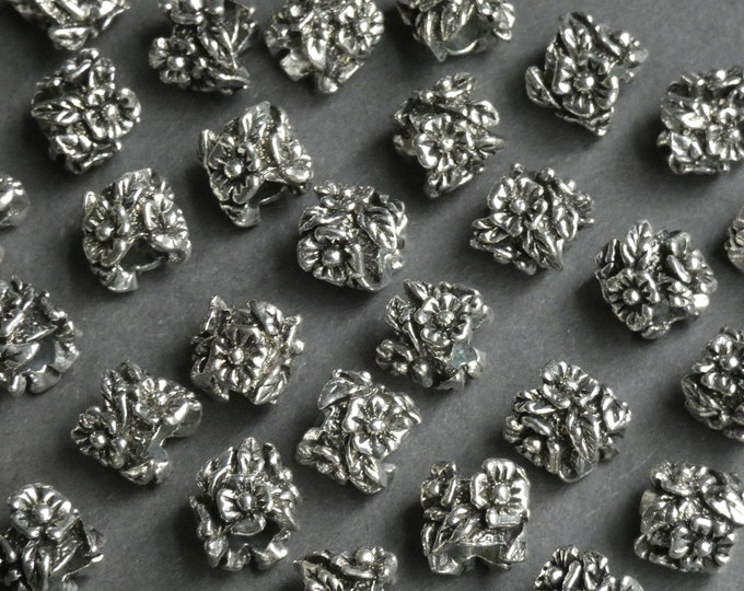 25 PACK 11mm Flower Column Beads, Antiqued Silver Color, 5mm Holes, Embellished Beads, Metal Spacers, Embellished Round, Column with Flowers