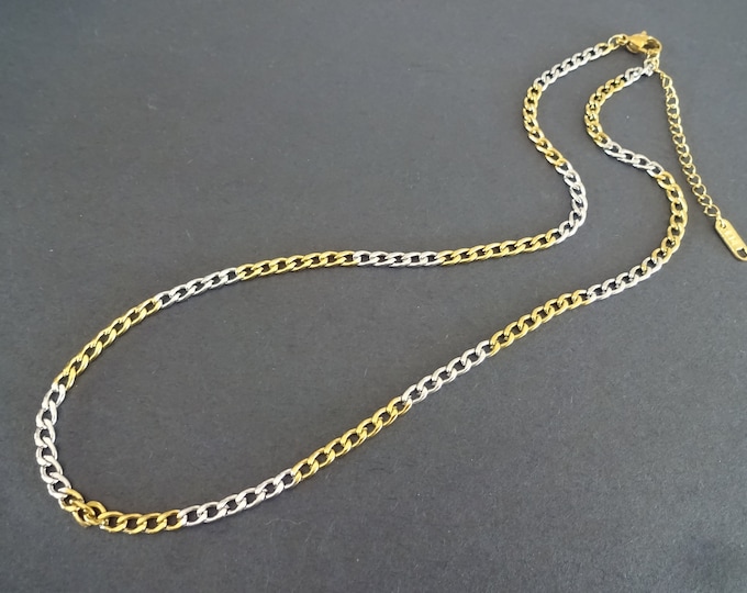 304 Stainless Steel Two Tone 18.3 Inch Curb Chain, With Brass Extender, Silver & Gold, Lobster Claw Clasp, Link Necklace Chain, Cut To Size