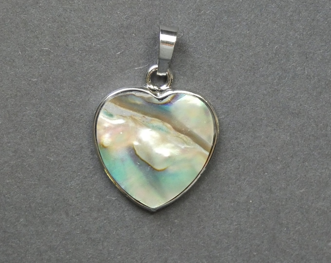 25mm Natural Abalone & Paua Shell Pendant, Platinum Tone Brass Bail, Polished Gem, Large Charm, Gemstone Jewelry, Shell Heart, Heart Pendant