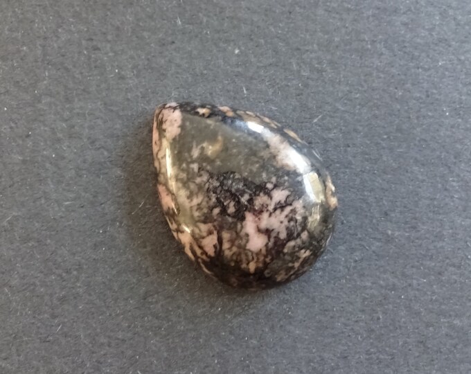 30x22mm Natural Rhodonite Teardrop Cabochon, Black & Pink, One 0f A Kind, Unique, As Seen In Image, Only One Available, Pink Mineral Cab