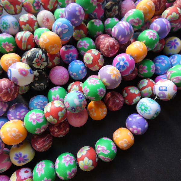 16 Inch 10mm Polymer Clay Ball Bead Strand, About 40 Beads, 10mm Round Clay Beads, Mixed Colors, Floral Patterns, Flower Design, Mixed Lot