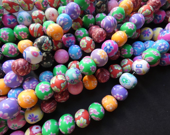 16 Inch 10mm Polymer Clay Ball Bead Strand, About 40 Beads, 10mm Round Clay Beads, Mixed Colors, Floral Patterns, Flower Design, Mixed Lot