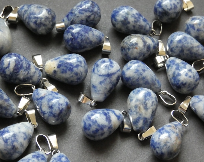 21-24mm Natural Blue Jasper Charm With Brass Loop, Pear Teardrop Shaped, Polished Gem, Gemstone Jewelry Jade Pendant, Spotted Jasper