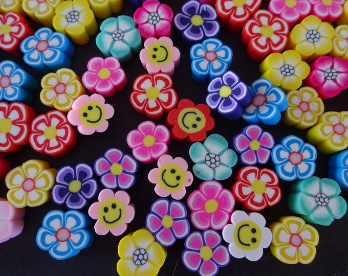 100 PACK of Mixed 8-12mm Polymer Clay Flower Cabachons, Bright Mixed Color Flowers, Floral Patterns, Lightweight Clay Cabs, Undrilled