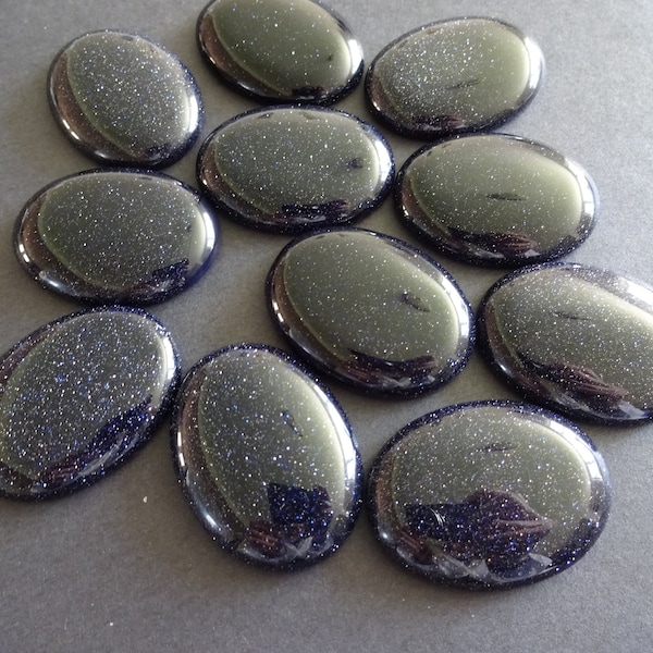 40x30mm Blue Goldstone Cabochon, Synthetic Oval Gemstone Cabochon, Blue Stone, Polished Gem, Glittery, Golden Flecks, Sparkly, Navy Blue