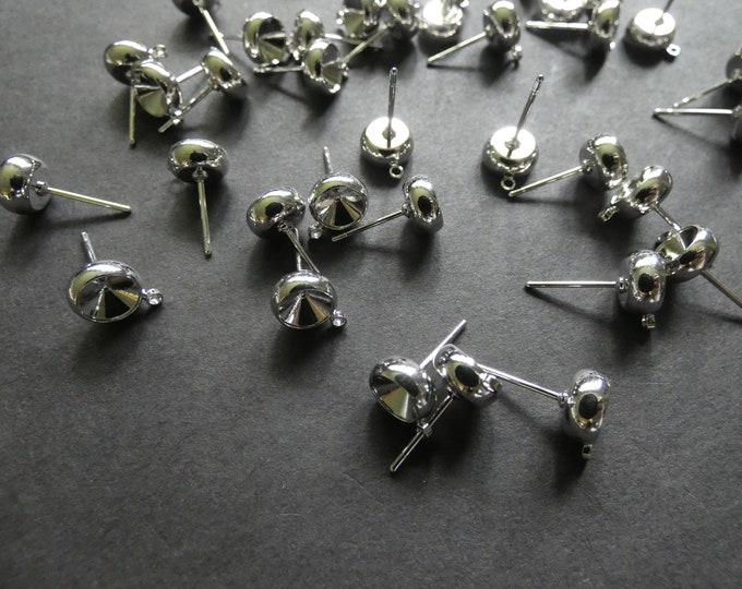 6mm Platinum Plated Brass Stud Earring Settings, With Loops, Fits 6mm Round Stone, Silver Stud, .8mm Pin, Ear Post, Rhinestone Earring Posts