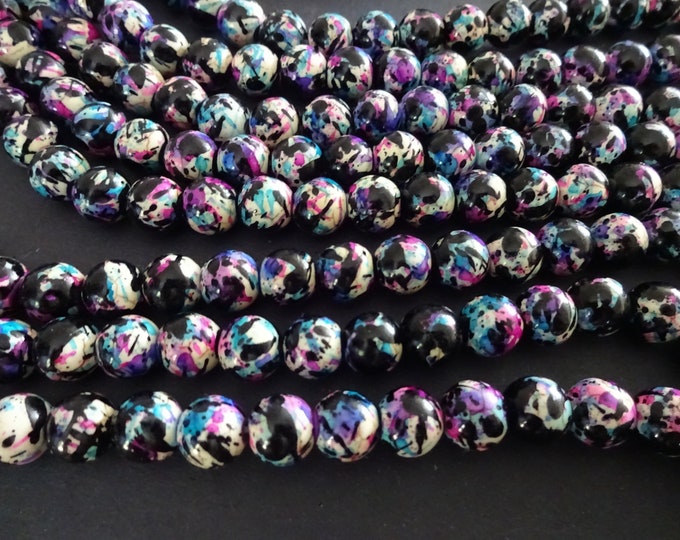 7-8mm Marbeled Glass Round Bead, Black & Purple, 14.5 Inch Strand Of About 50 Beads, Mixed Swirled Colors, Swirl Beads, Round Marble Bead