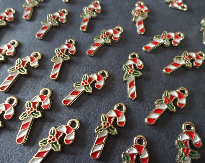 19x7.5mm Candy Cane Enamel & Metal Charm, Golden Metal, Classic Xmas Pendant, Christmas Charm, Metal Charm, Candy Cane Charm