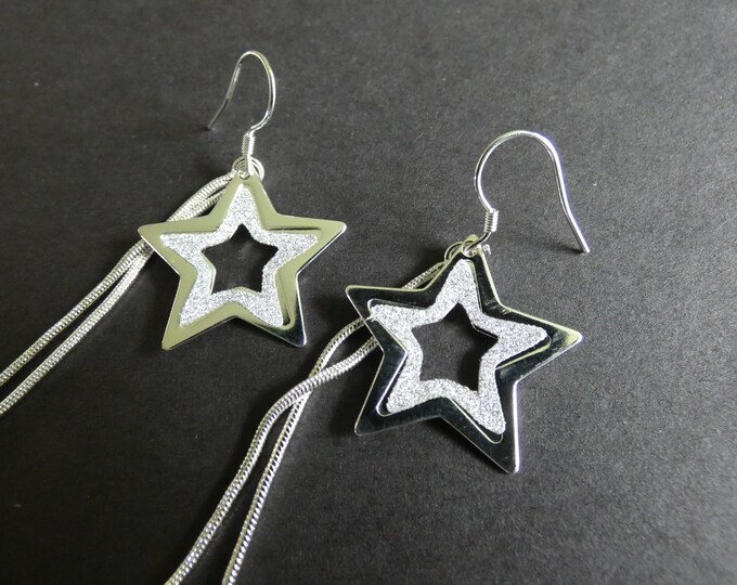 Brass Star Earrings, Silver Color, Cute Star Dangles, Stardusted, Metal Fish Hook, Fashion Earrings, For Pierced Ears, Extra Long. 91mm