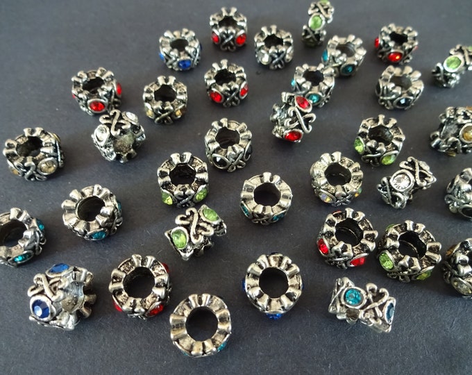 10x6mm Zinc Alloy Metal Rondelle Rhinestone Beads, Mixed Color, Glass Rhinestones, European Rhinestone Silver Beads, Large 5mm Hole