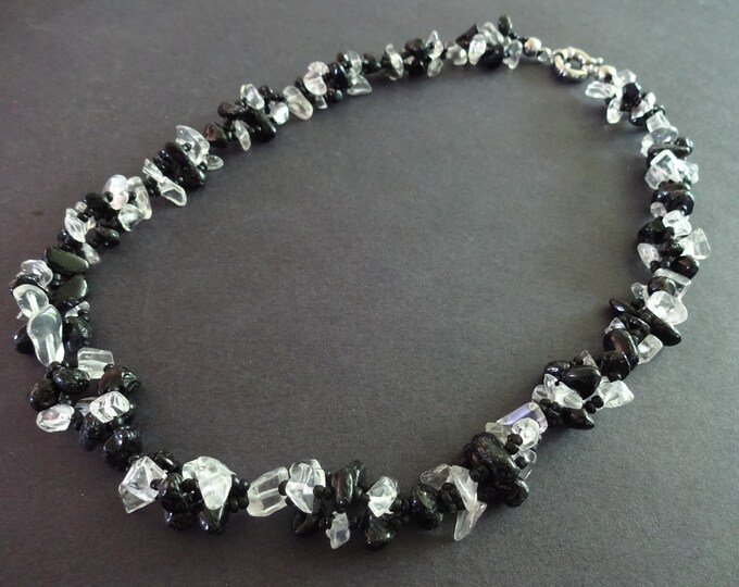 19.3 Inch Natural Black Agate and Quartz Bead Necklace, With Glass Seed Beads, Stone Chips, Black & Clear, Nugget Beads, Spring Clasp