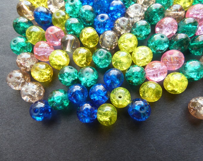 8mm Crackle Glass Ball Bead Mix, Rainbow Pastel Mix, Mixed Lot, Transparent, Pretty Jewelry Beads, Round, Pink, Blue, Purple and Clear