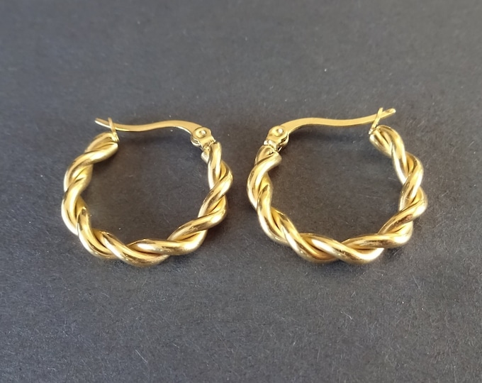 Stainless Steel Gold Twisted Rope Hoop Earrings, Hypoallergenic, Vacuum Plated, Twisted Hoops, Set Of Golden Earrings, 22mm, Elegant Hoops