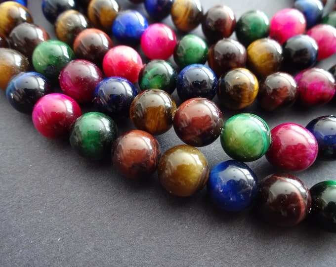 8 Inch Natural Tigereye Ball Bead Strand, Dyed, About 24 Beads, 8mm Balls, Round Bead, Vibrant Rainbow Colorful Stone, Polished, Unique