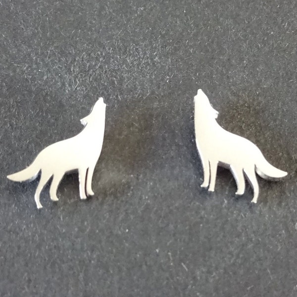 Boucles d'oreilles loup argenté en acier inoxydable, hypoallergéniques, clous argentés, 11x11mm, ensemble de boucles d'oreilles, boucles d'oreilles loup, clous animaux, loup hurlant