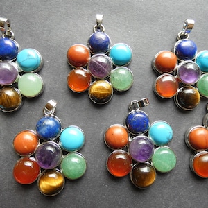 41x33mm Chakra Flower and Brass Pendant, Bezel Natural Gemstone and Metal Pendant, 4x7mm Hole, Chakra Jewelry, Silver Color and Stones,