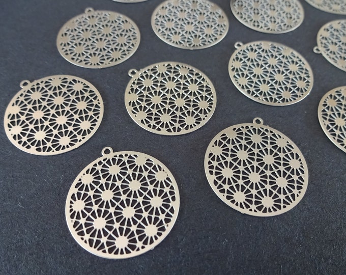 5 PACK 21mm 201 Stainless Steel Dandelion Pendant, Silver Color Pendant, Filigree Pendant, Stainless Steel, Filigree Design Pendant, Flower