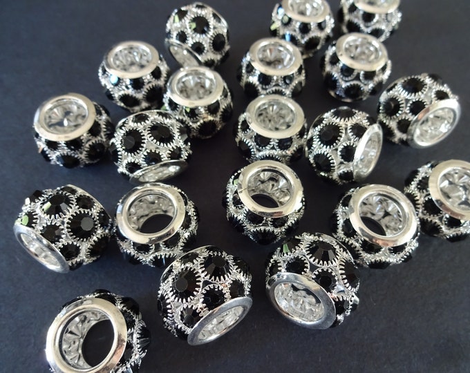 14.5x21mm Brass & Rhinestone Round Beads, Silver and Black Rhinestone Beads, Large 10mm Holes, Glass Rhinestones, Jumbo  Rhinestone Bead