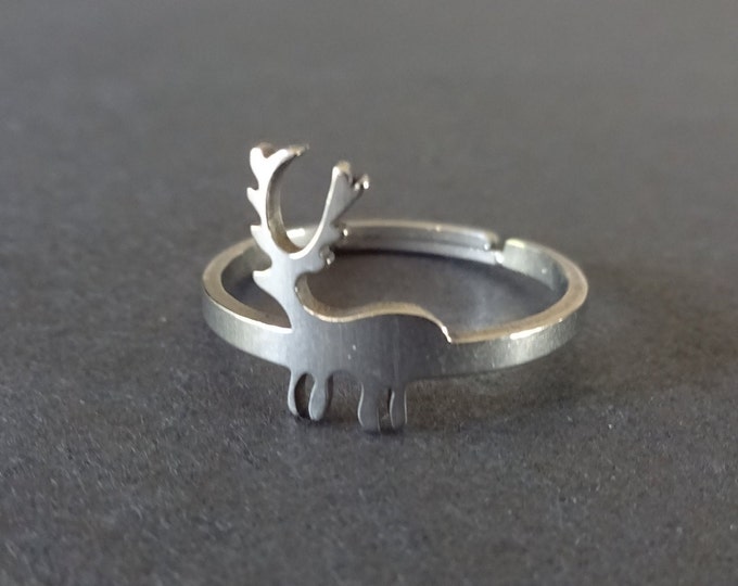 Stainless Steel Christmas Reindeer Ring, Adjustable, Silver Color, Stocking Stuffer Gift Ring, Xmas Deer Design, White Elephant Gift