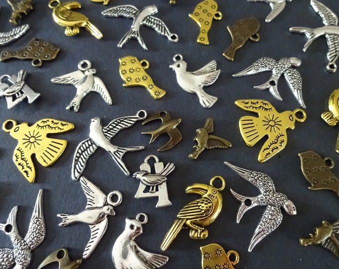 100 Pack 17-63mm Bird Alloy Metal Pendant Set, 5 Color Mixed Lot, Vintage Theme, Bohemian Jewelry, Bird Charm, Animal Necklace Pendant