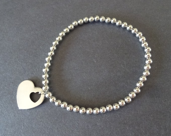 Stainless Steel 4mm Ball Bead Stretchy Bracelet,  With Heart Charm, Silver Color, Minimalist, Ready To Wear, One Size Fits Most, Simplistic