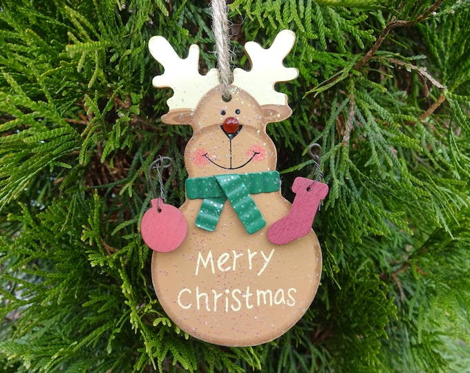 5 Inch Handcrafted Wooden Reindeer Christmas Ornament, Natural Carnelian Gemstone Nose, Glittery Handmade Wood Ornament, Metal Wire Arms