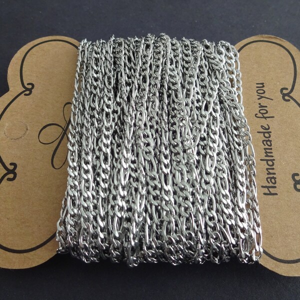 10 Meters 304 Stainless Steel Figaro Chain, Unwelded, 4-6x3mm Chain Bulk Lot, Silver Color, Spool Of Necklace Chain, Necklace Making Supply