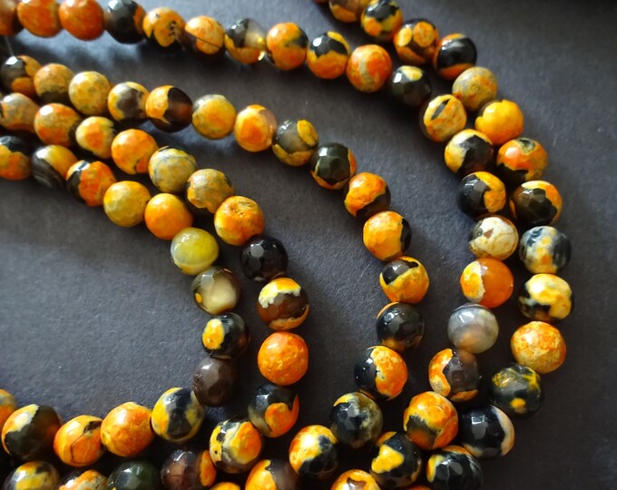 6mm Natural Fire Agate Faceted Bead Strand, Dyed and Heated, Black and Yellow, About 61 Beads, 15 Inch Strand, Ball Bead, Round, Polished