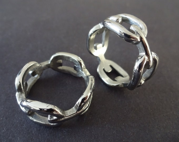 Stainless Steel Chain Link Pattern Ring, Link Band, Silver Color, US Sizes 6-10, Handcrafted Steel Ring, Unisex, 10mm Thick Link Design