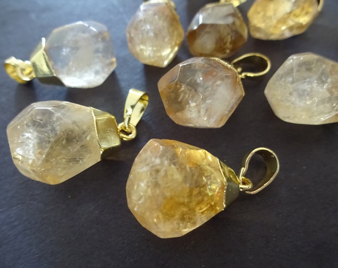 19-21mm Natural Citrine Charm With Brass Loop, Faceted Drop, Polished Gem, Gemstone Jewelry Pendant, Yellow Crystal With Gold Metal