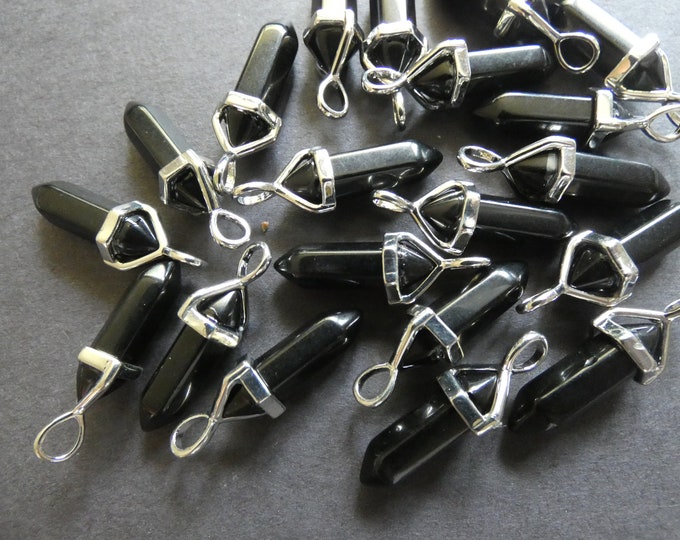 29-31mm Natural Black Obsidian Pendant, Brass Finding, Faceted Bullet, Polished, Gemstone Jewelry Crystal Pendant, Black & Silver Color