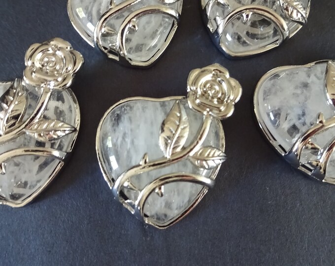 41-42mm Natural Quartz Heart Pendant With Metal Setting, Silver Color Rose, Stone Heart Charm, Gemstone Crystal Pendant, Quartz Crystal