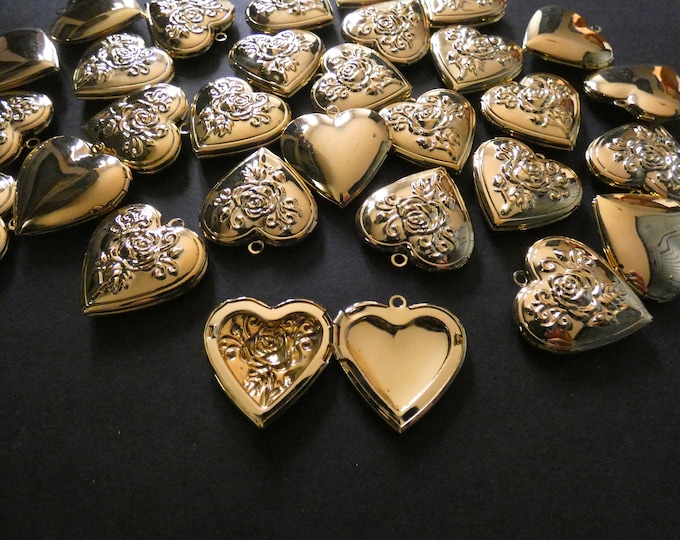 29mm Brass Rose Heart Locket Pendant, Golden, Heart Pendant With Flower Engraving, Metal Charm, DIY Jewelry Making, Flower Photo Locket