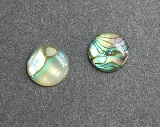 2 PACK 15mm Natural Paua Shell Cabochons, Coated Seashell Round Cabs, Green and Iridescent, As Seen In Image, Only One Set Available