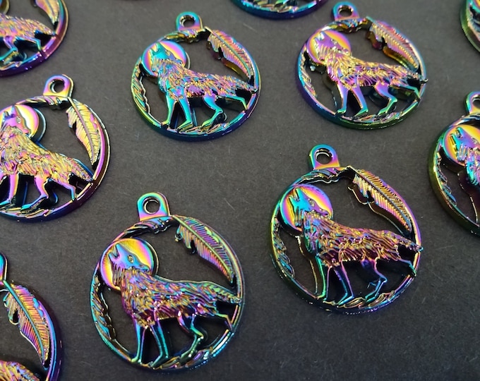 5 PACK of 25mm Metal Wolf Pendant, Rainbow Metal Wolf Charm, Oil Slick Color, Iridescent Metal Pendant, Holographic Metal Pendant