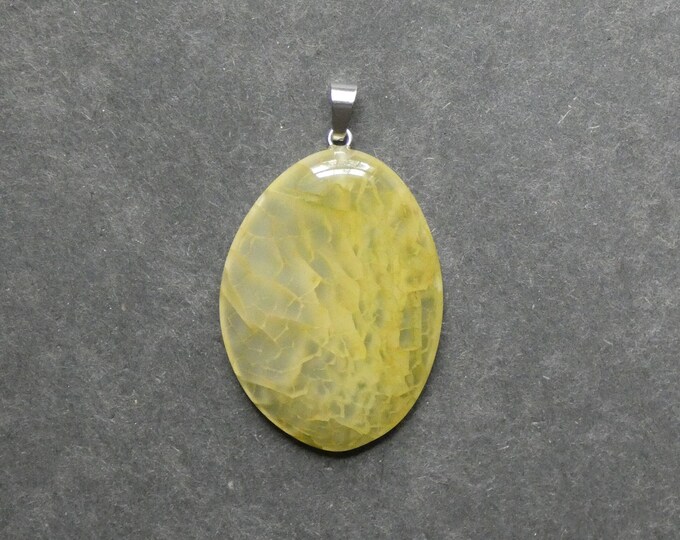 48x33mm Natural Crackle Agate Pendant with Silver Color Plated Iron Clasps, Gemstone Pendant, Teardrop, Yellow Pendant, Dyed, One of a Kind