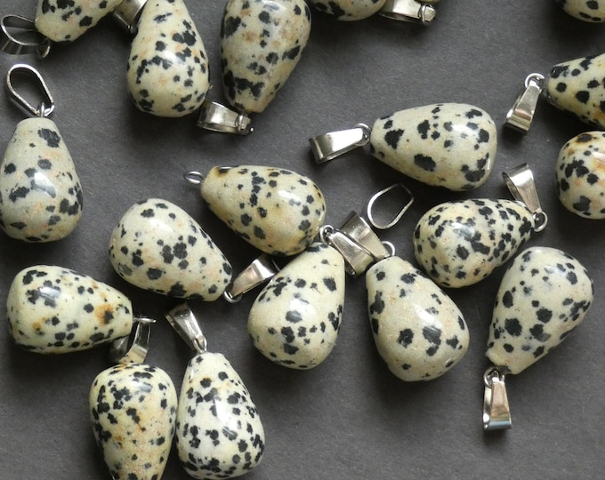 21-24mm Natural Dalmatian Jasper Charm With Brass Loop, Pear Teardrop Shaped, Polished Gem, Gemstone Jewelry Jade Pendant, Spotted Jasper