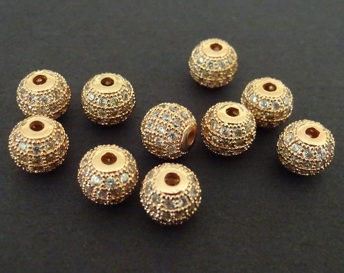 8x8mm Cubic Zirconia Rose Gold Color Round Beads, Clear Cubic Zirconia Rhinestones, Rose Gold Beads, Rhinestone Bead, Chic Metallic Spacer