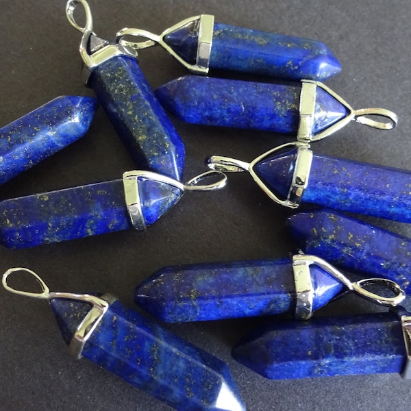 38-45mm Natural Lapis Lazuli Pendant With Brass. Faceted, Bullet Shaped, Polished Gem, Gemstone Jewelry Pendant, Blue and Silver Metal