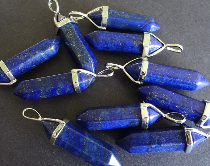 38-45mm Natural Lapis Lazuli Pendant With Brass. Faceted, Bullet Shaped, Polished Gem, Gemstone Jewelry Pendant, Blue and Silver Metal