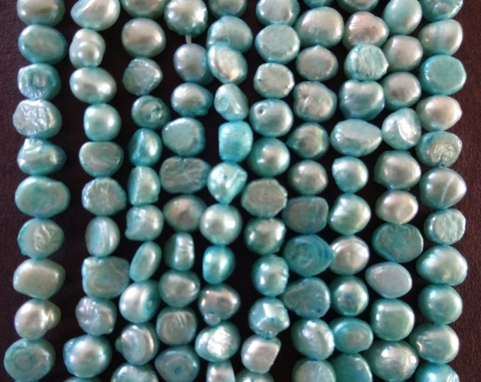 15 Inch Strand 5-6mm Cultured Freshwater Pearl Beads (dyed), About 50 Beads, Teal Blue Pearl, 5-6mm Flat Sided Potato, Teal Colored Pearl